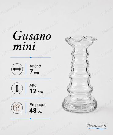 Clear glass candlestick named Gusano mini with detailed dimensions.