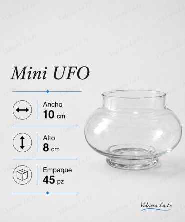 Clear glass mini UFO-shaped vase with dimensions and packaging info.