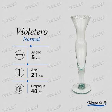Jarrón violetero de vidrio transparente y elegante.
