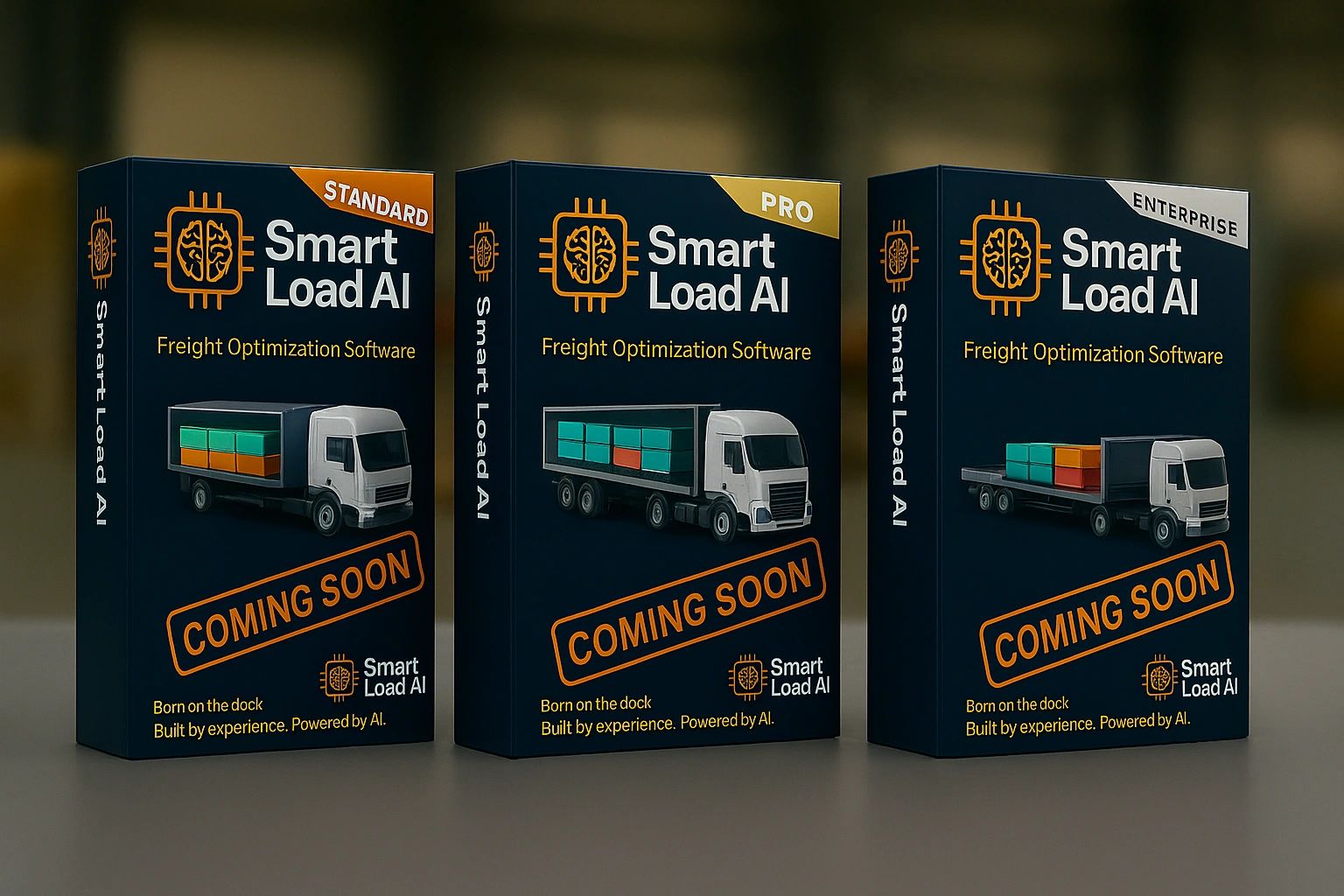 Three versions of Smart Load AI freight optimization software packaging marked Coming Soon.