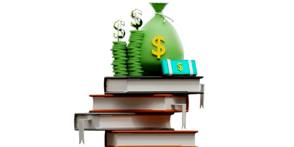 Stack of books with money symbols and cash on top.
