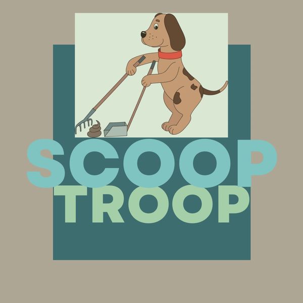 A cartoon dog scooping dog poop.