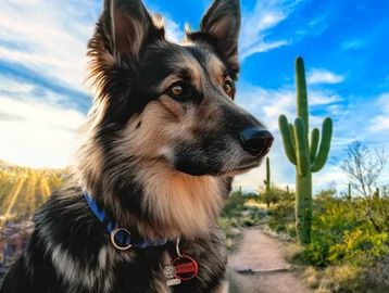 A German Shepherd with a desert landscape background.