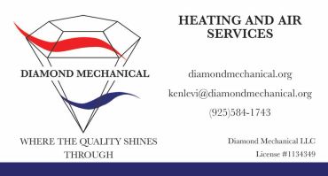 Business card for Diamond Mechanical heating and air services.