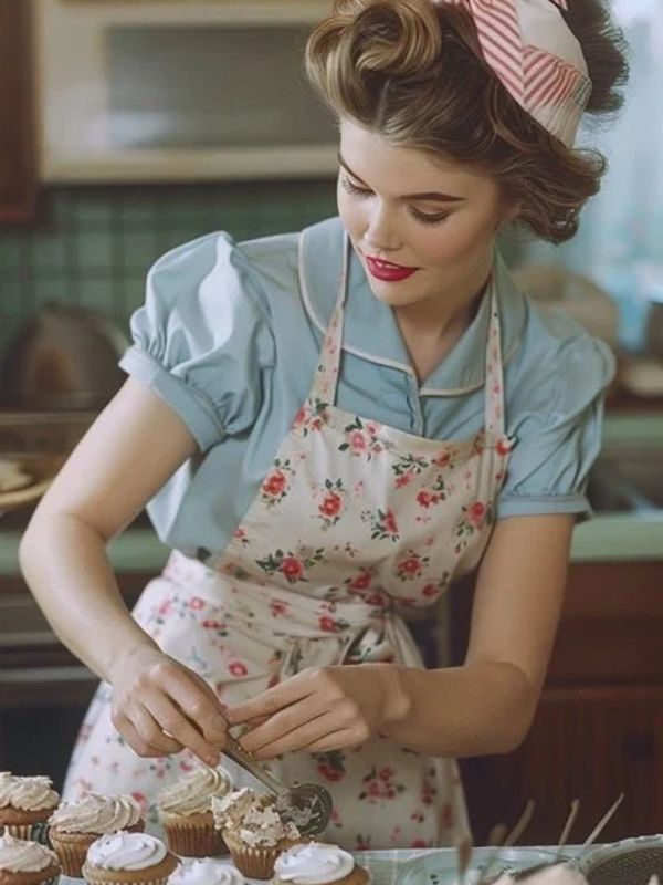 Woman in vintage attire decorating cupcakes in a kitchen.