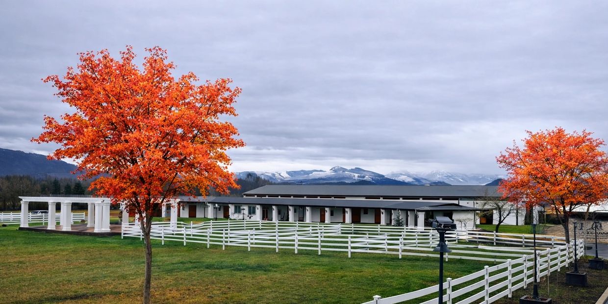 Autumn trees with bright orange leaves near white fences and a building under cloudy sky.