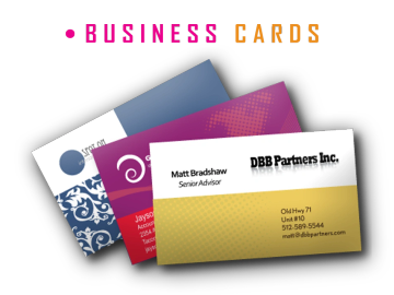 Set of colorful business cards with a bold title.