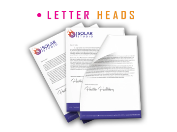 Sample letterheads for Solar Studio with logo and contact details.