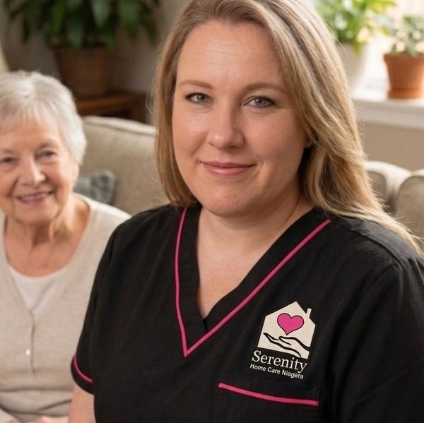 Serenity Home Care Niagara founder, a Registered Nurse, sits with a senior client.