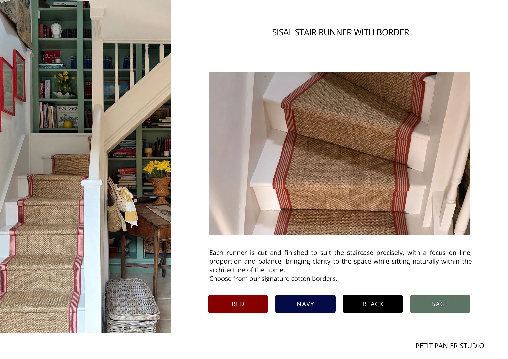 Sisal stair runner with red border fitted on a traditional staircase 