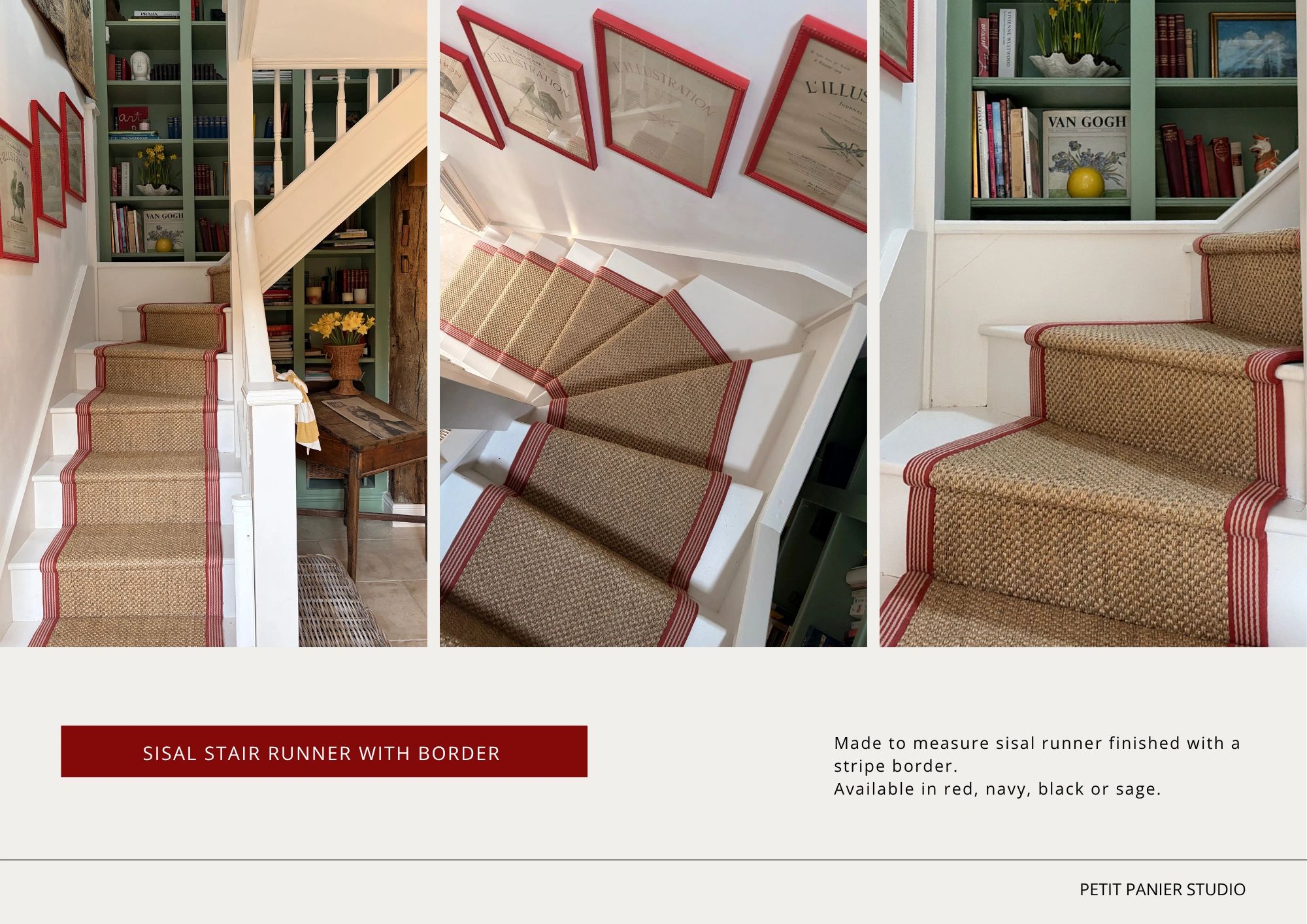Natural sisal stair runner with red stripe cotton trim fitted with built in bookcase background