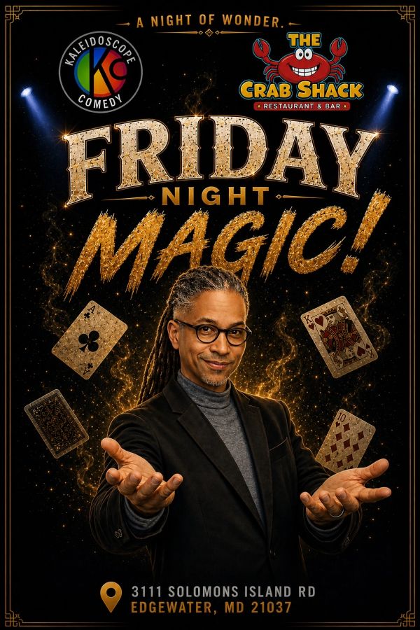 Poster for Friday Night Magic comedy show at The Crab Shack.