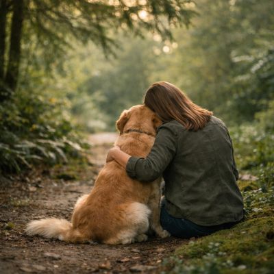 Person hugging a golden retriever on a forest path.