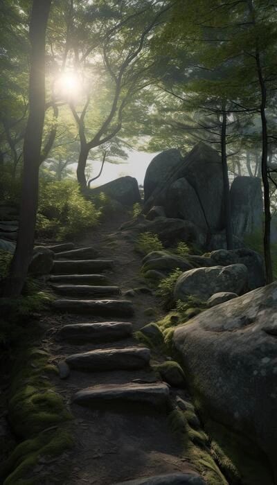 Sunlight filters through trees along a stone stair path in a forest.