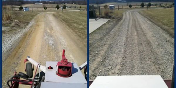 Side-by-side comparison of a dirt road before and after grading.