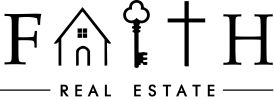 Logo for Faith Real Estate with house, key, and cross icons.