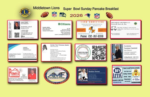 Middletown Lions Super Bowl Sunday Pancake Breakfast sponsor board for 2026.