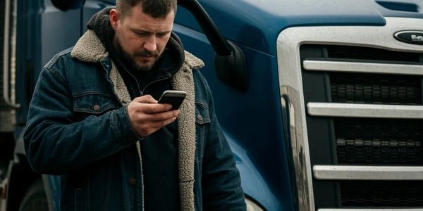 man sea on the mobile behind the truck