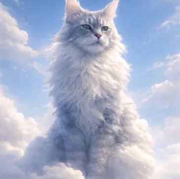 Majestic fluffy cat blending with clouds in the sky.