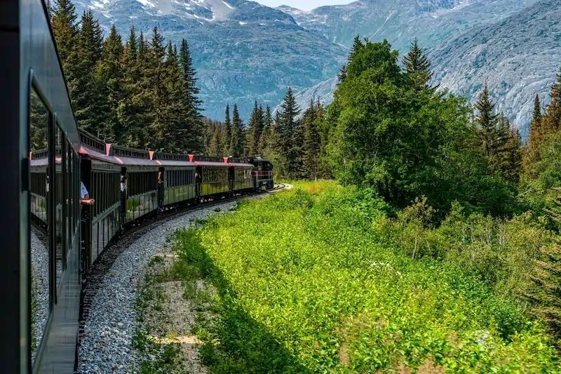 Alaska Railroad luxury train traveling through pristine Alaskan wilderness on a Denali cruisetour