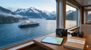 View of a cruise ship from a cabin window with travel items on a table.