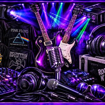 Electric guitars and music gear with colorful stage lights.