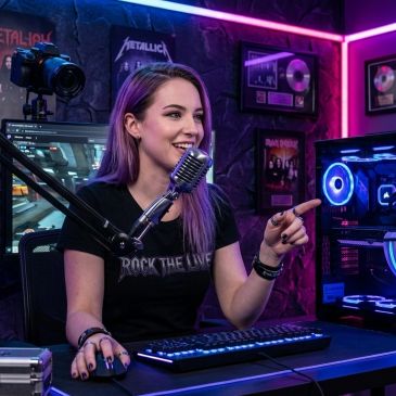 Woman gaming and streaming with purple lighting.