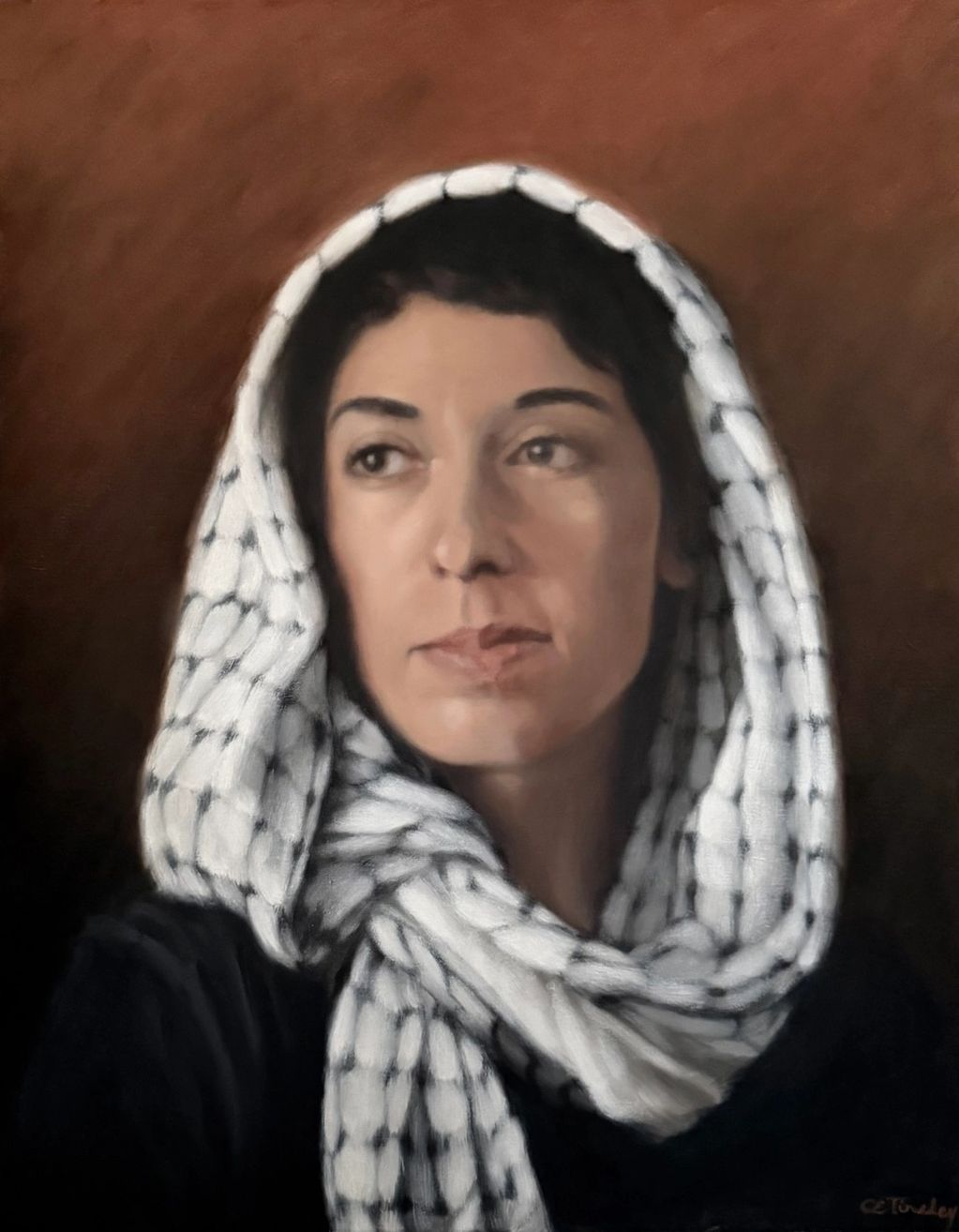 cate tinsley portrait painting Palestinian woman with keffiyeh