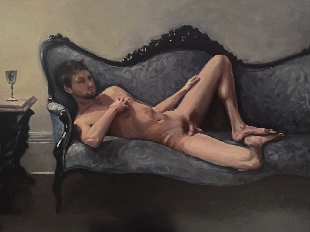 cate tinsley painting male nude on sofa