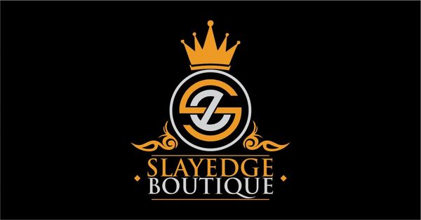 Elegant logo of Slayedge Boutique with gold crown and decorative elements on black background.