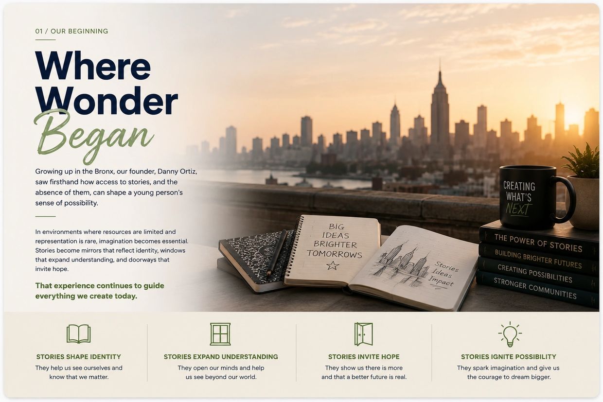 A inspiring message about stories shaping identity and hope against a cityscape.