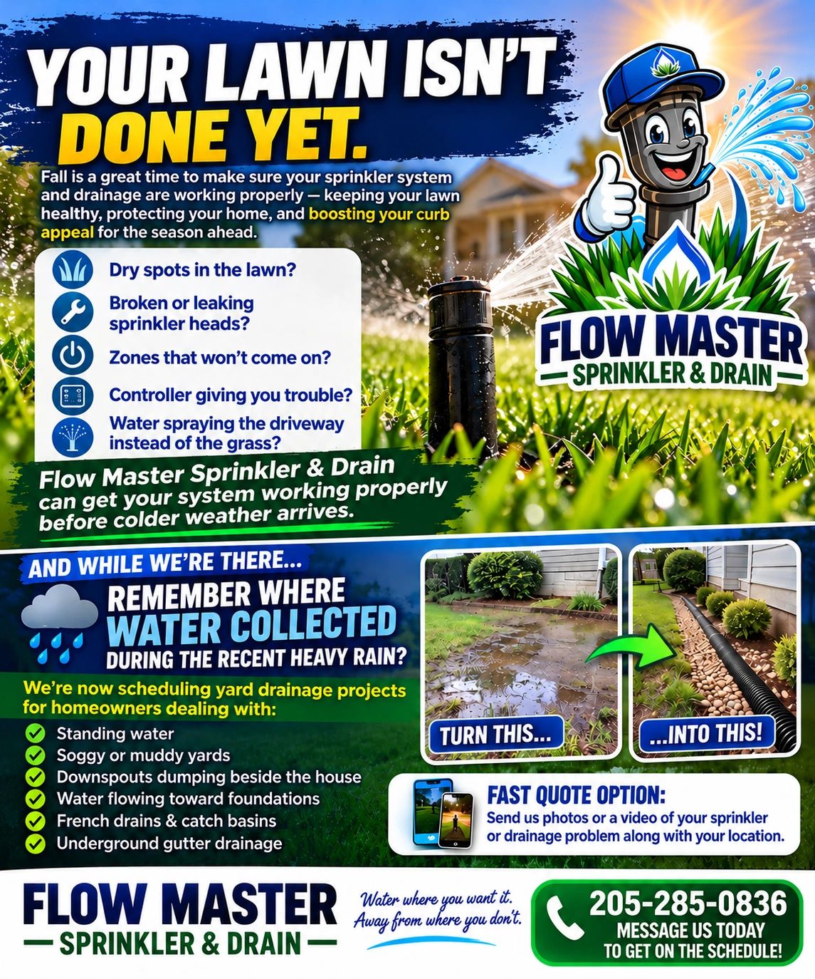 Flow Master Sprinkler &amp; Drain promotes lawn sprinkler and drainage maintenance before colder weather.