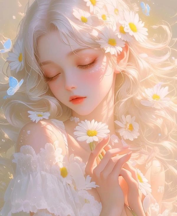 Dreamy girl with daisies and butterflies in soft sunlight.