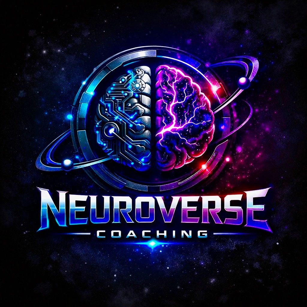 Futuristic logo merging a digital brain and cosmic elements for Neuroverse Coaching.