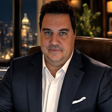 Man in a dark suit sitting in an office with city lights behind him.