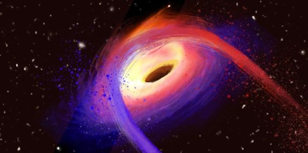 Blueshifting light when a red laser is shot at the surface of a black hole.