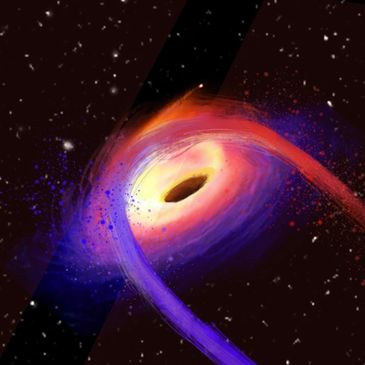 Red laser beam at the edge of a black hole which bounces back in a slingshot effect, and turns blue.