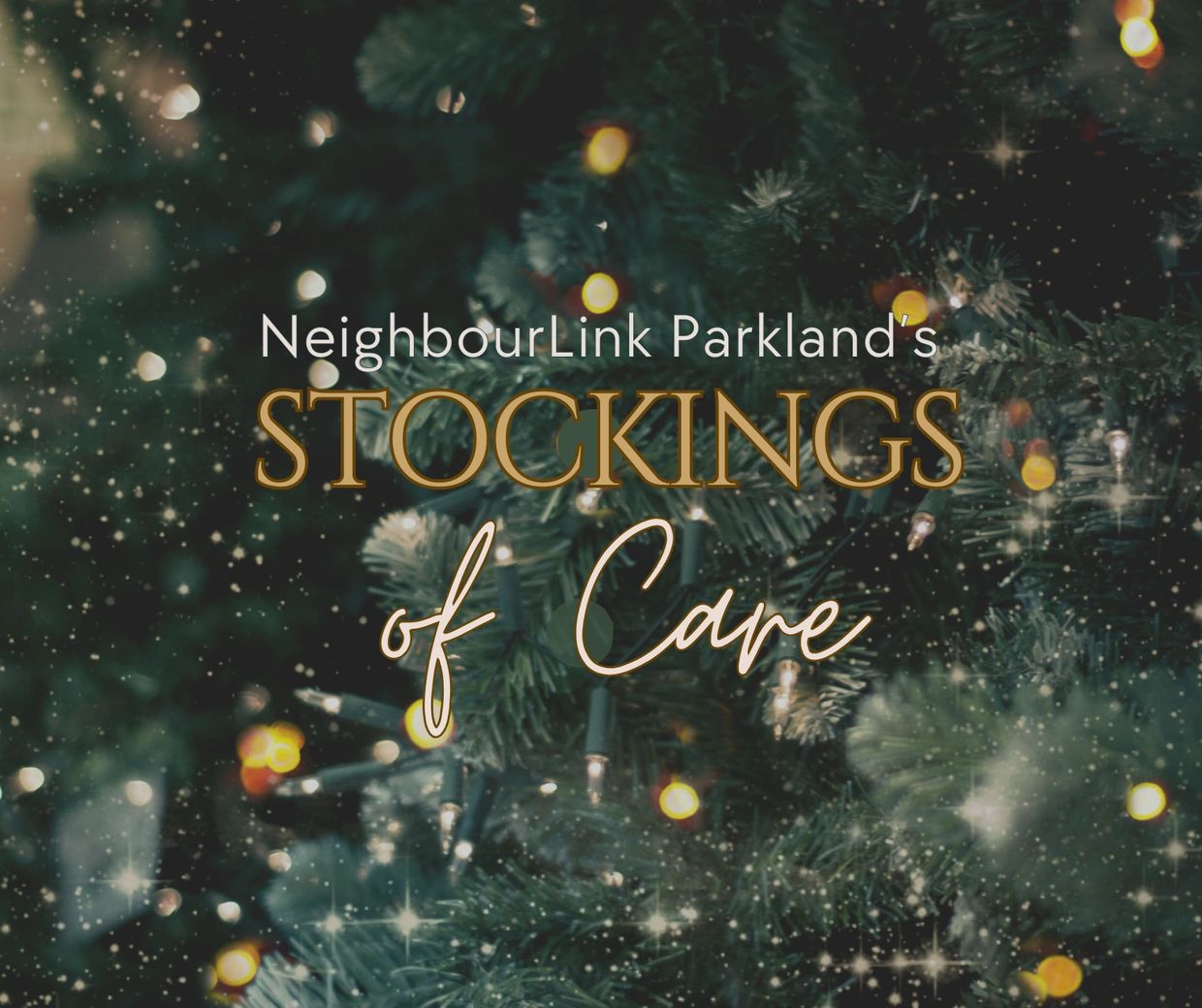 Christmas tree with lights and the words "Stockings of Care" printed across it. 