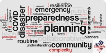 Word cloud highlighting key terms related to disaster preparedness and community planning.
