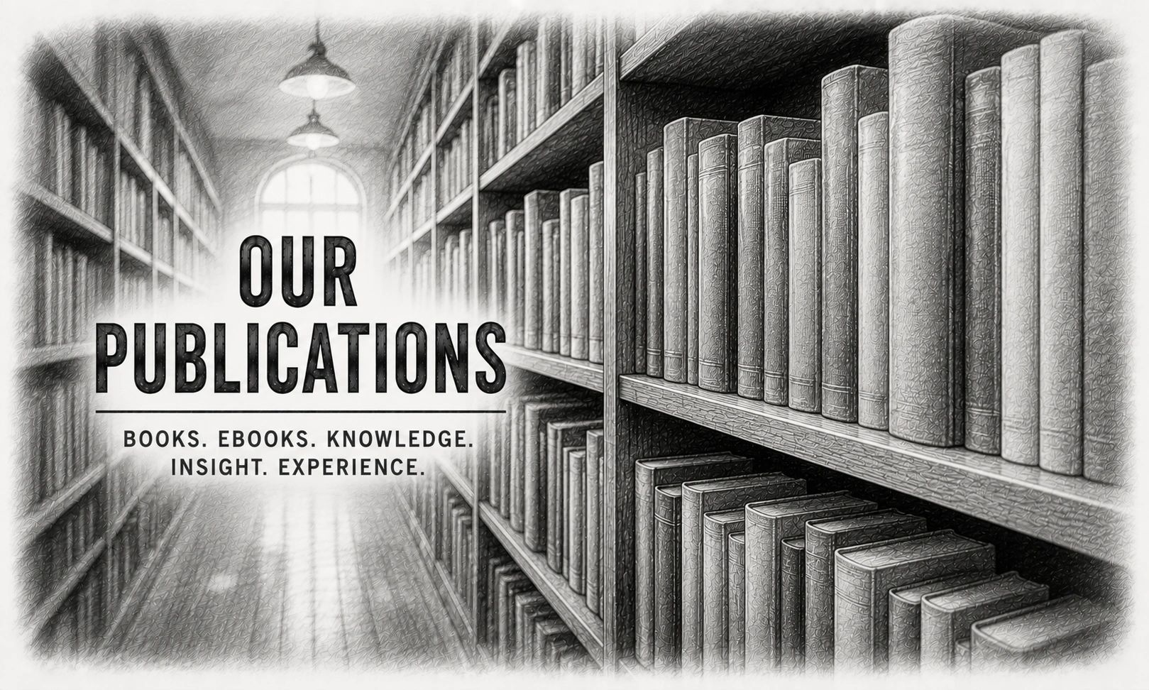 Library shelves filled with books and text about publications.