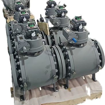 Multiple large industrial valves with actuators arranged in rows.