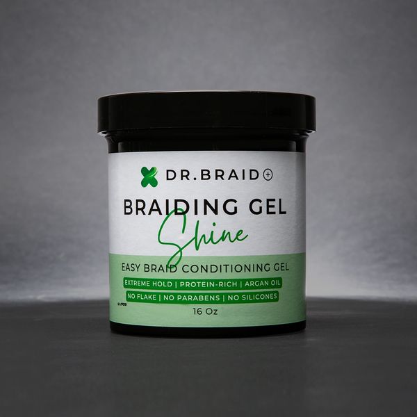 A jar of Dr. Braid Braiding Gel Shine on a gray background.