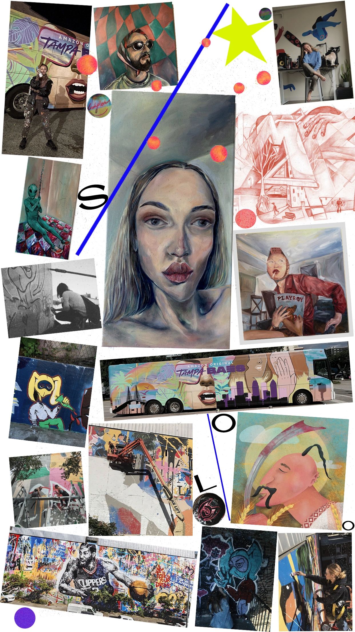 Collage of various street art and portraits.