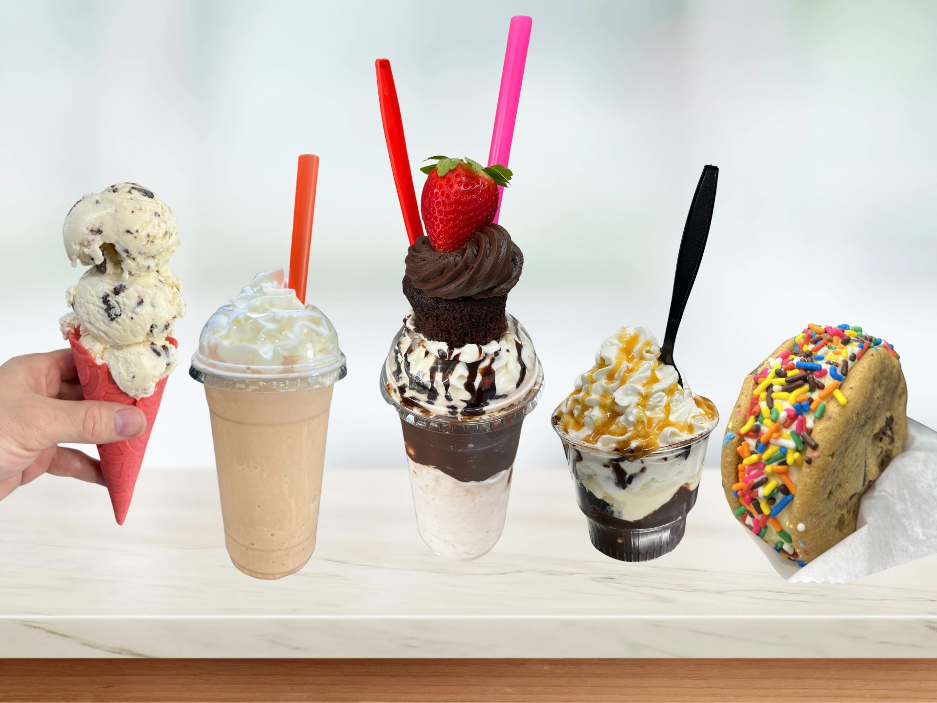 Let's Shake On It waffle cone, classic shake, specialty shake, ice cream sundae, ice cream cookie.