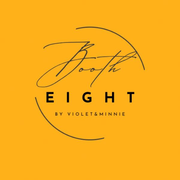 Logo of Booth Eight by Violet &amp; Minnie on orange background.