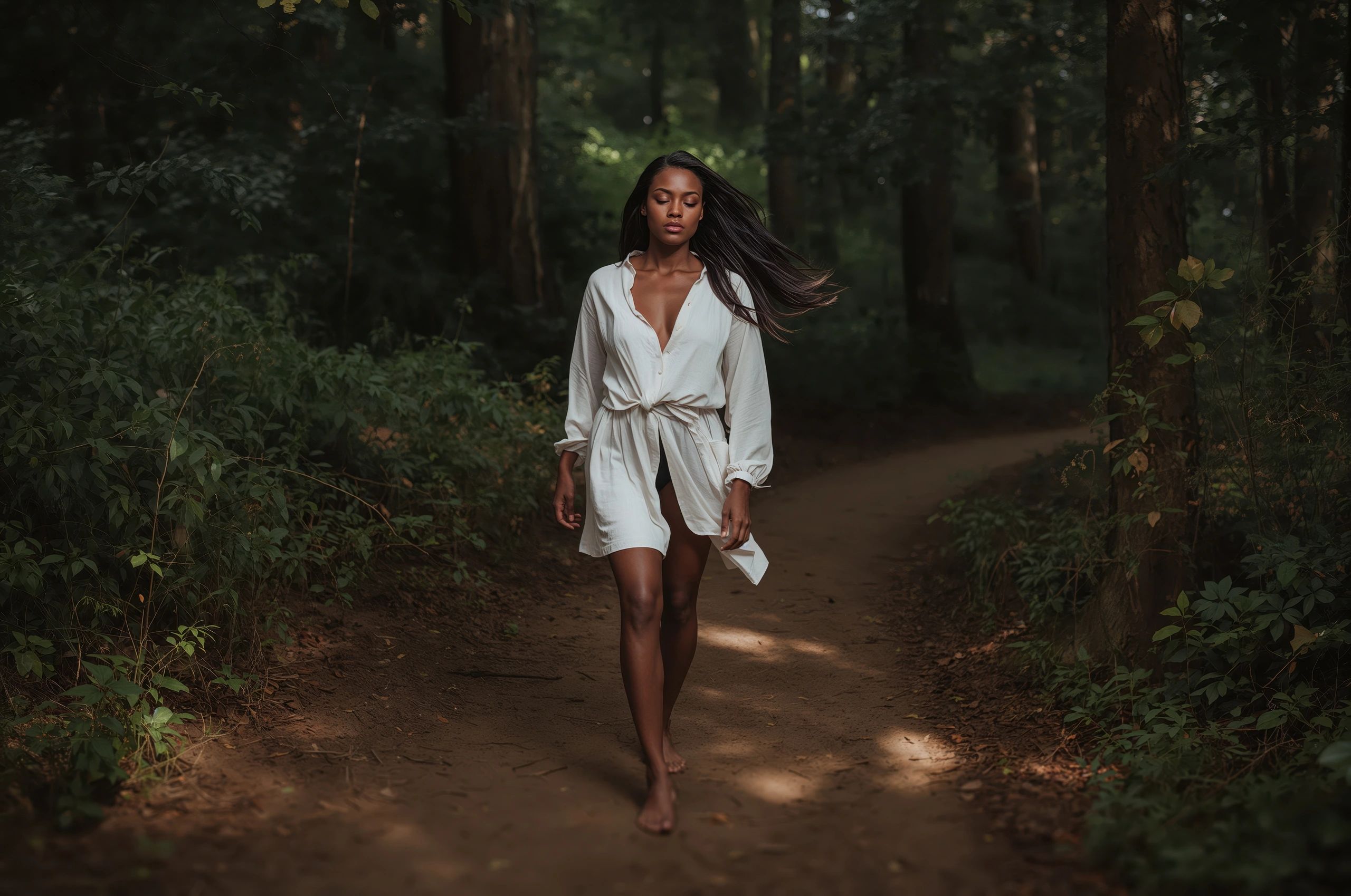 woman walking along a path Inside the forest