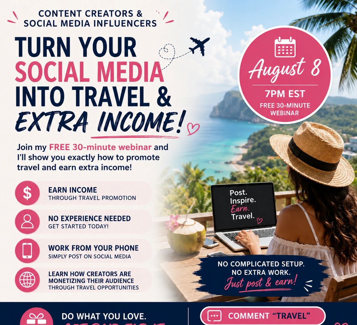 Webinar teaching social media to travel income conversion.