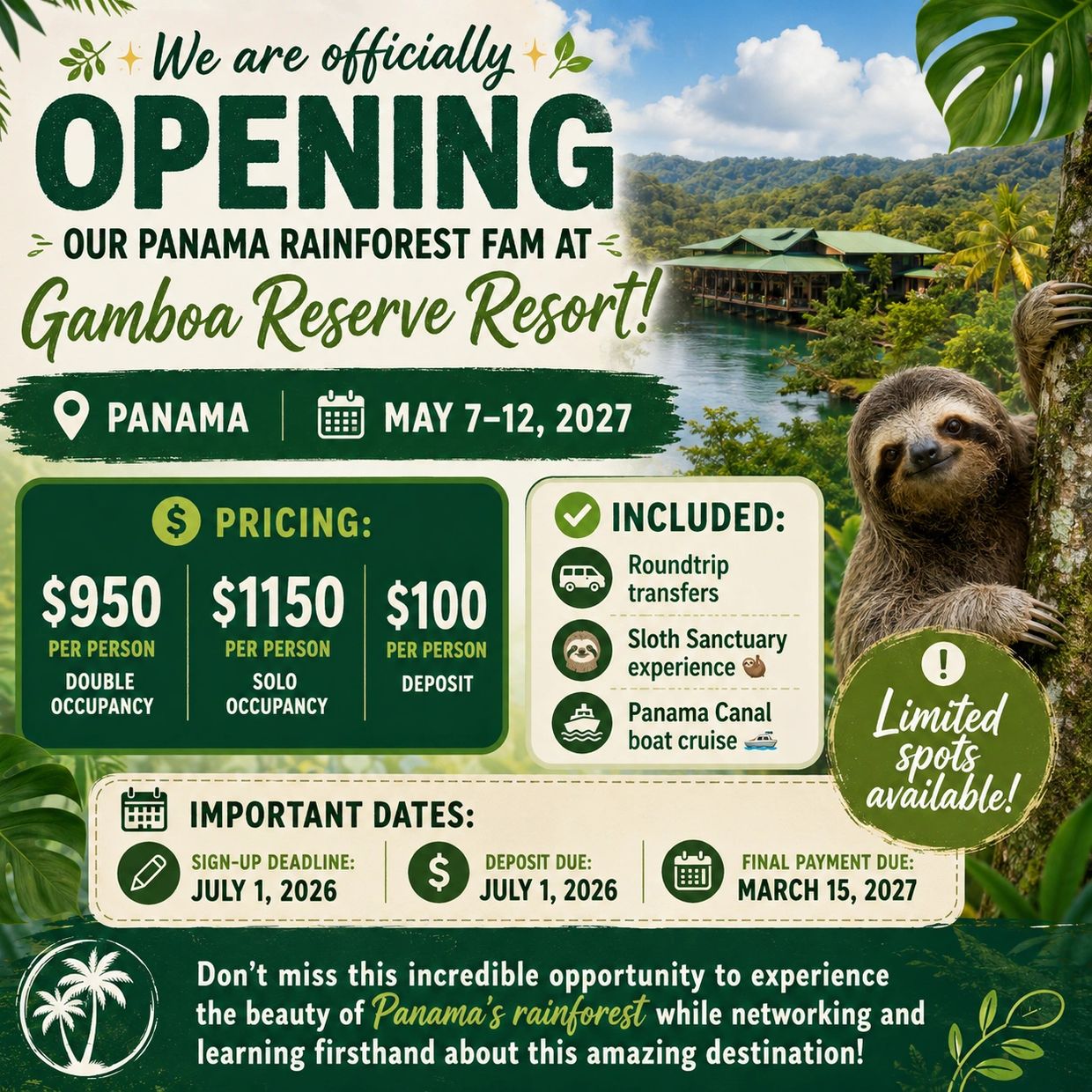 Announcement for the Panama Rainforest Gamboa Reserve Resort opening in May 2027.