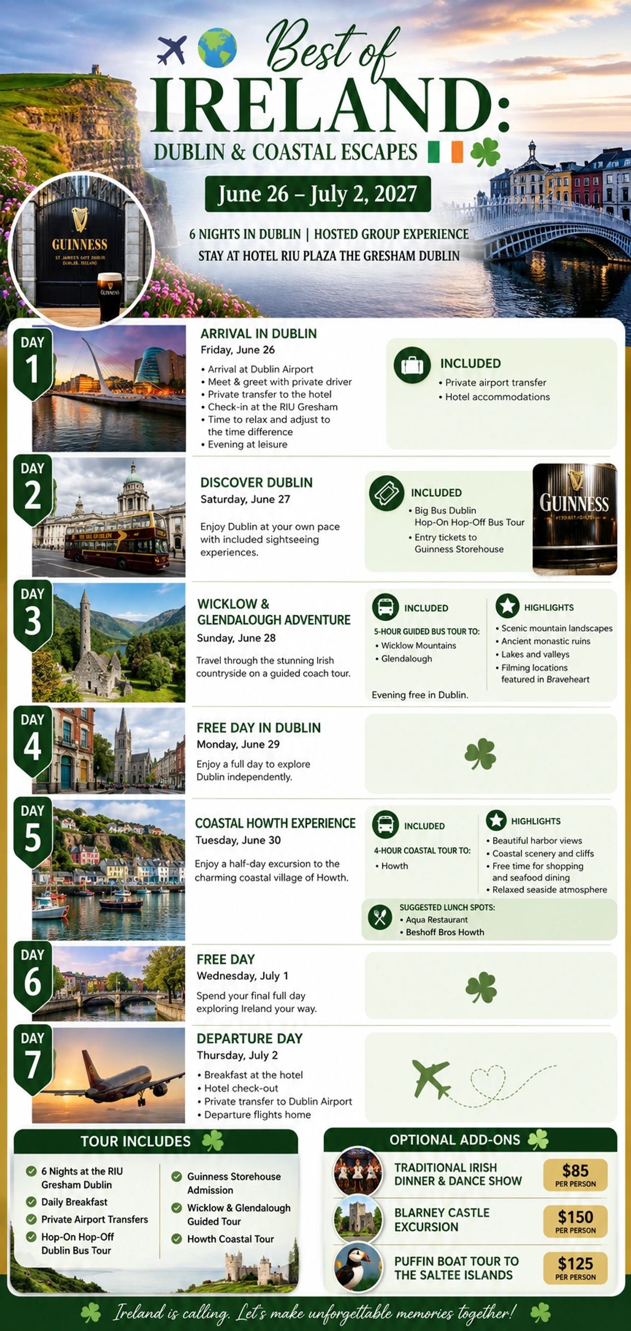 7-day guided tour of Dublin and coastal Ireland with sightseeing, tours, and optional add-ons.