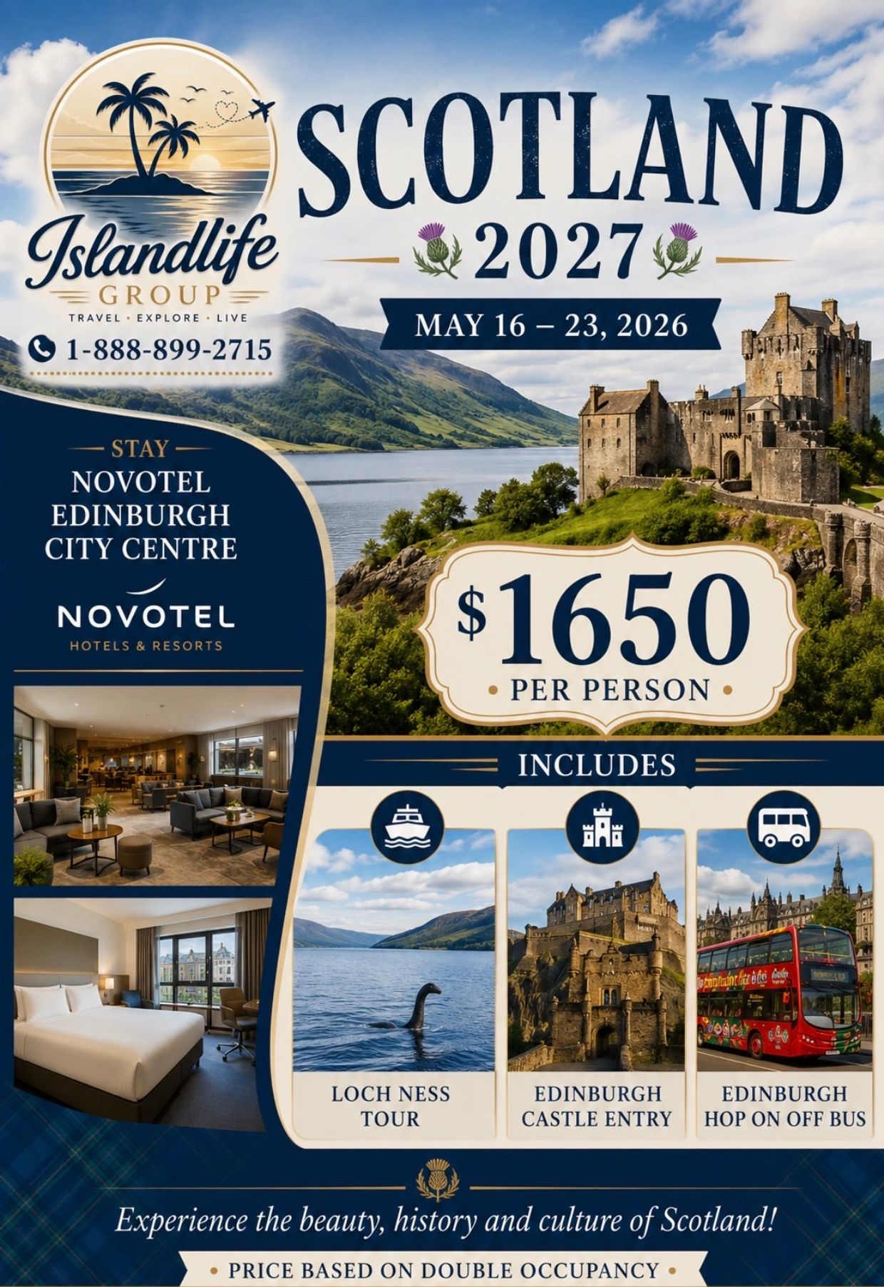 Scotland 2027 travel package with Loch Ness tour, Edinburgh castle, and city bus, $1650 per person.
